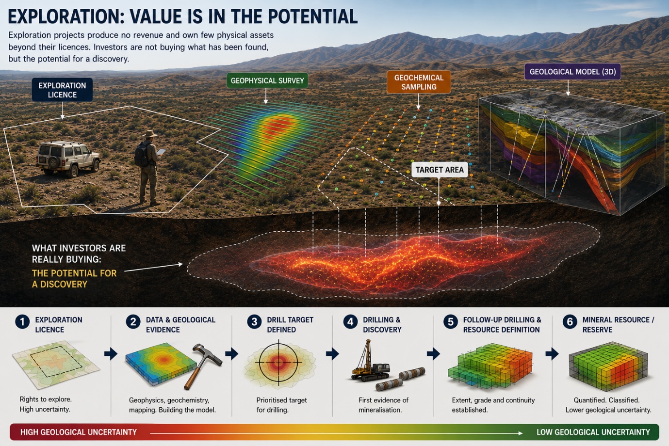 Exploration: value is in the potential — from exploration licence through geophysical survey, geochemical sampling and geological model to a defined Mineral Resource