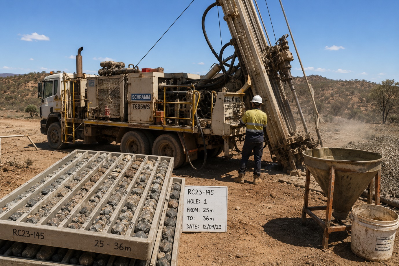 Reverse-circulation drill rig on site with rock chip trays labelled by hole and depth interval