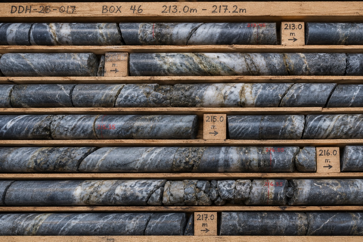 Diamond drill core in labelled boxes showing continuous cylindrical rock samples with depth markers