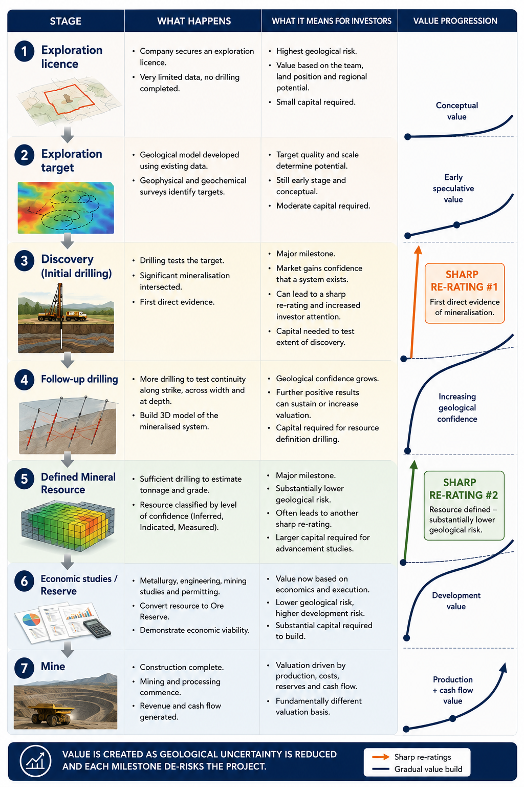 Seven-stage table from exploration licence through to producing mine, showing what happens at each stage, what it means for investors, and the value-progression curve with sharp re-ratings at discovery and at resource definition